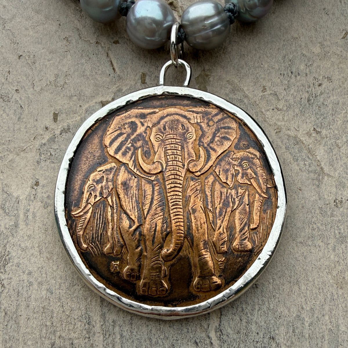 Carl Hagenbeck Commemorative Elephant Medal  On Pearl Necklace