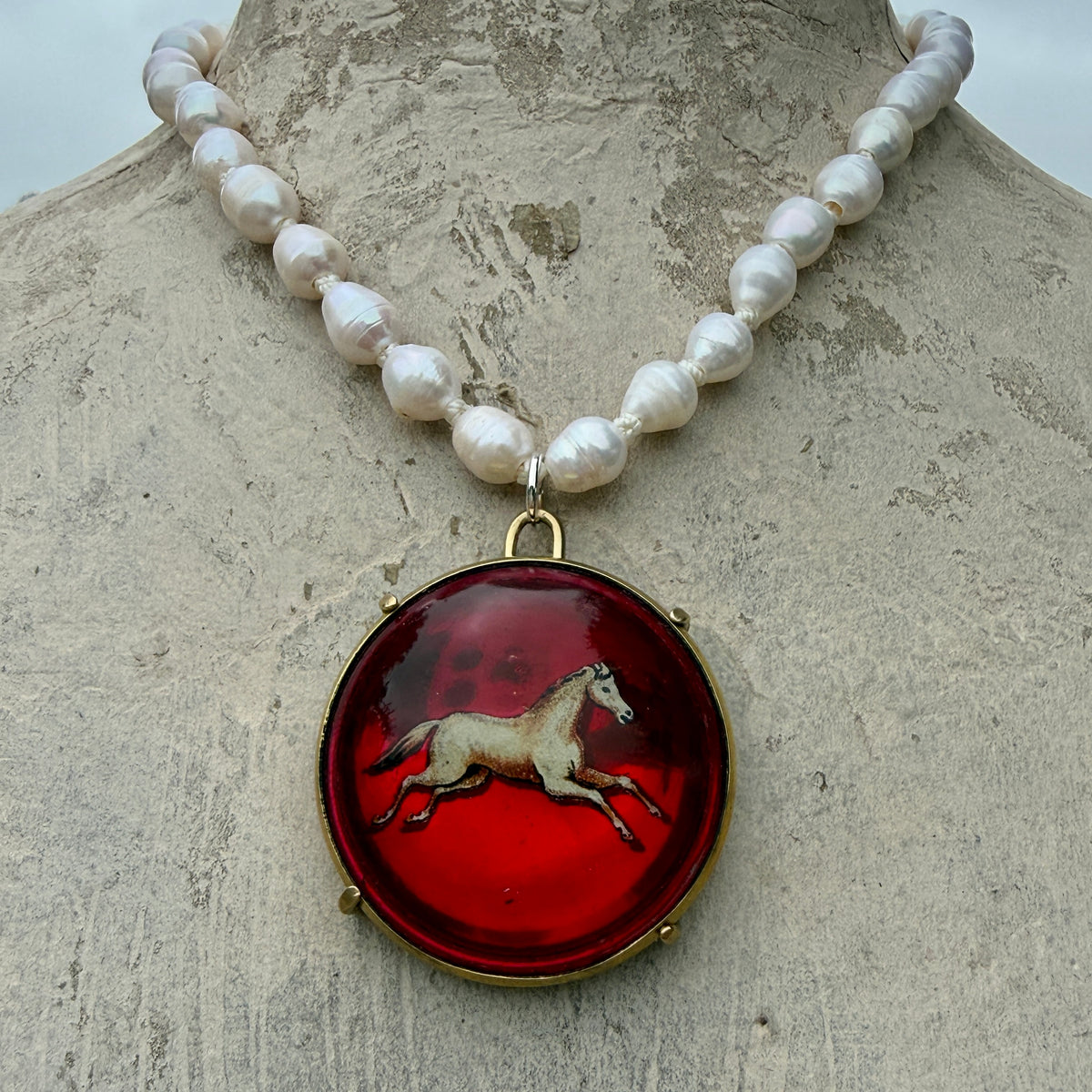 Vintage Horse Bridle Rosette on White Pearl Necklace