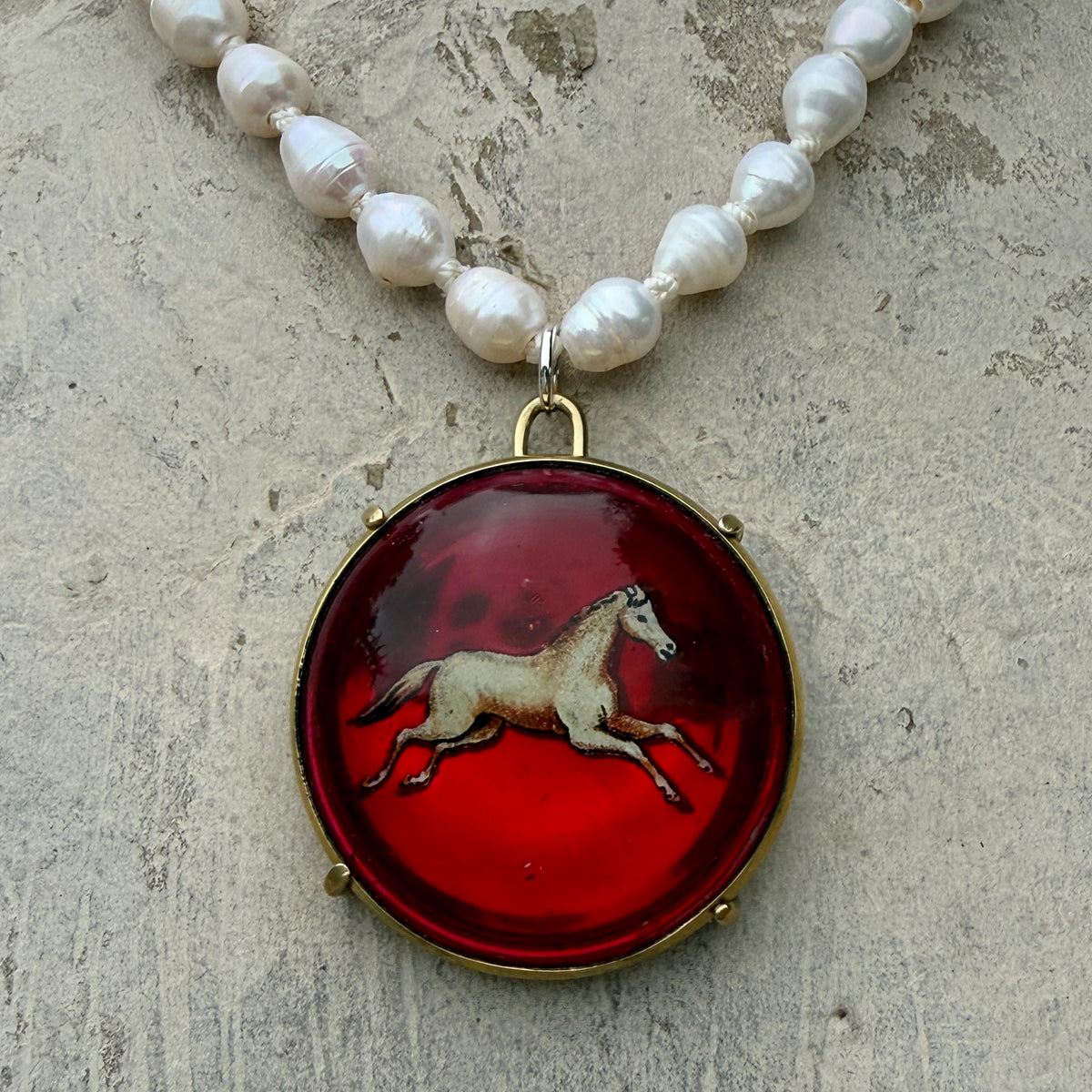 Vintage Horse Bridle Rosette on White Pearl Necklace