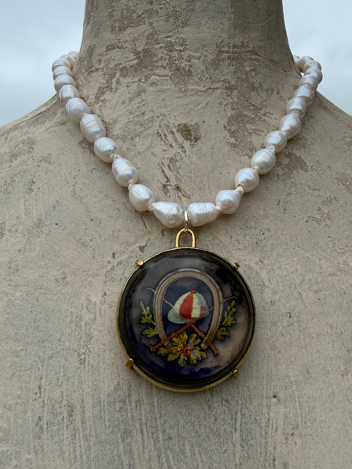 Vintage Racing Bridle Rosette on White Pearl Necklace