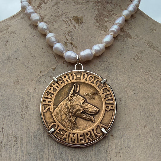 Bronze Shepherd Dog on Pearl Necklace