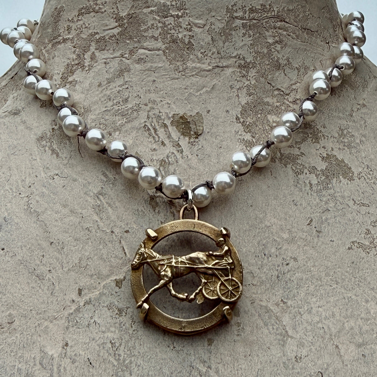 Bronze Trotter Button on Pearl Necklace