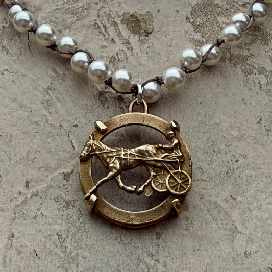 Bronze Trotter Button on Pearl Necklace