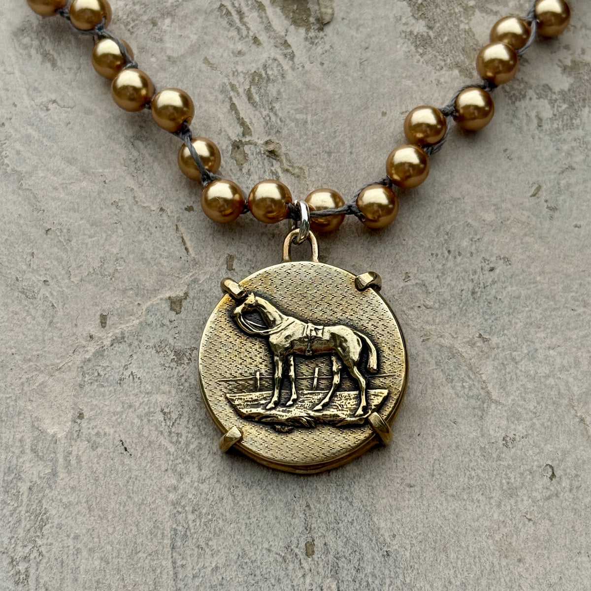 Classic Bronze Hunter Horse Necklace on Gold  Pearls