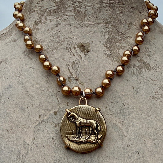 Classic Bronze Hunter Horse Necklace on Gold  Pearls