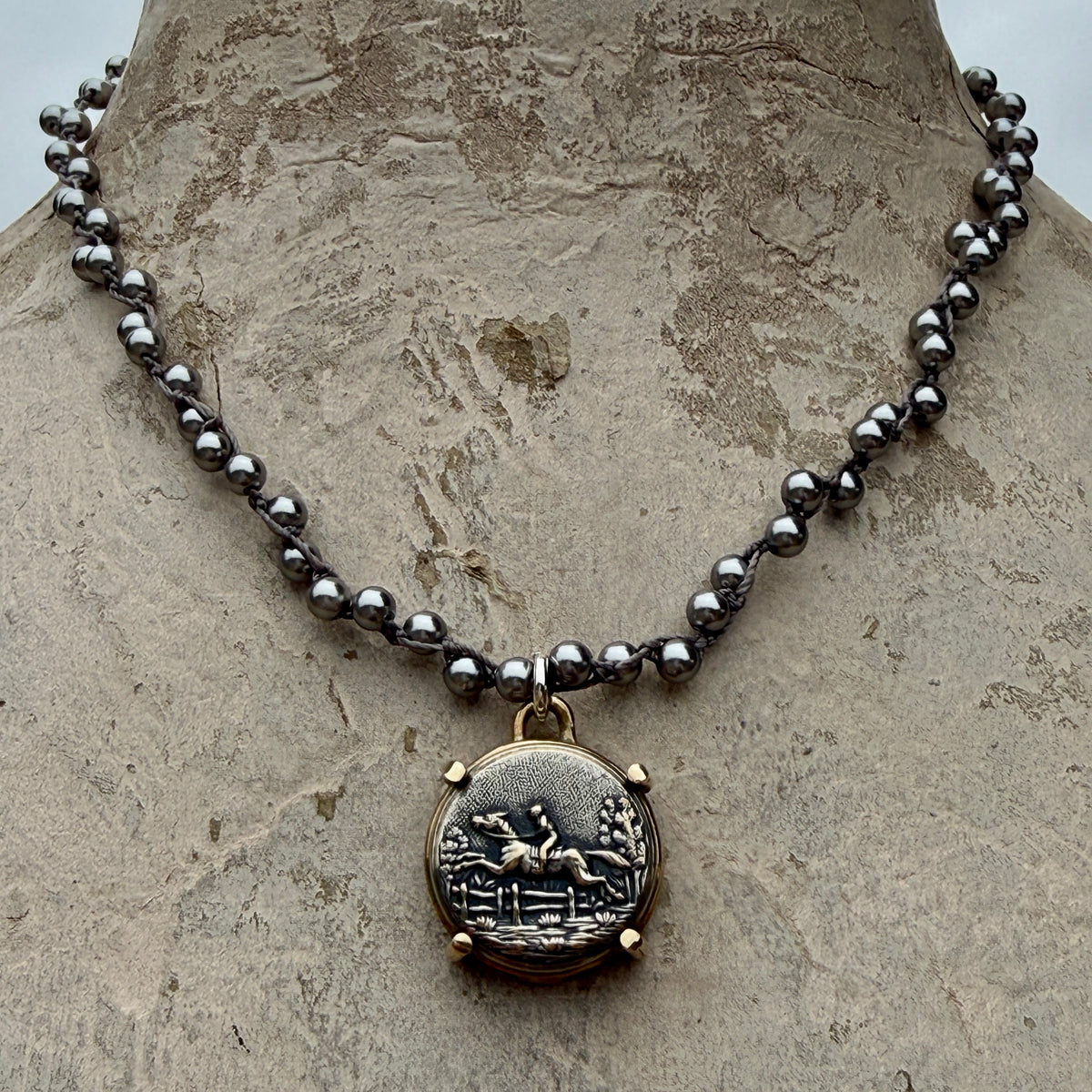 Dark Silver Galloping Horse Button Necklace