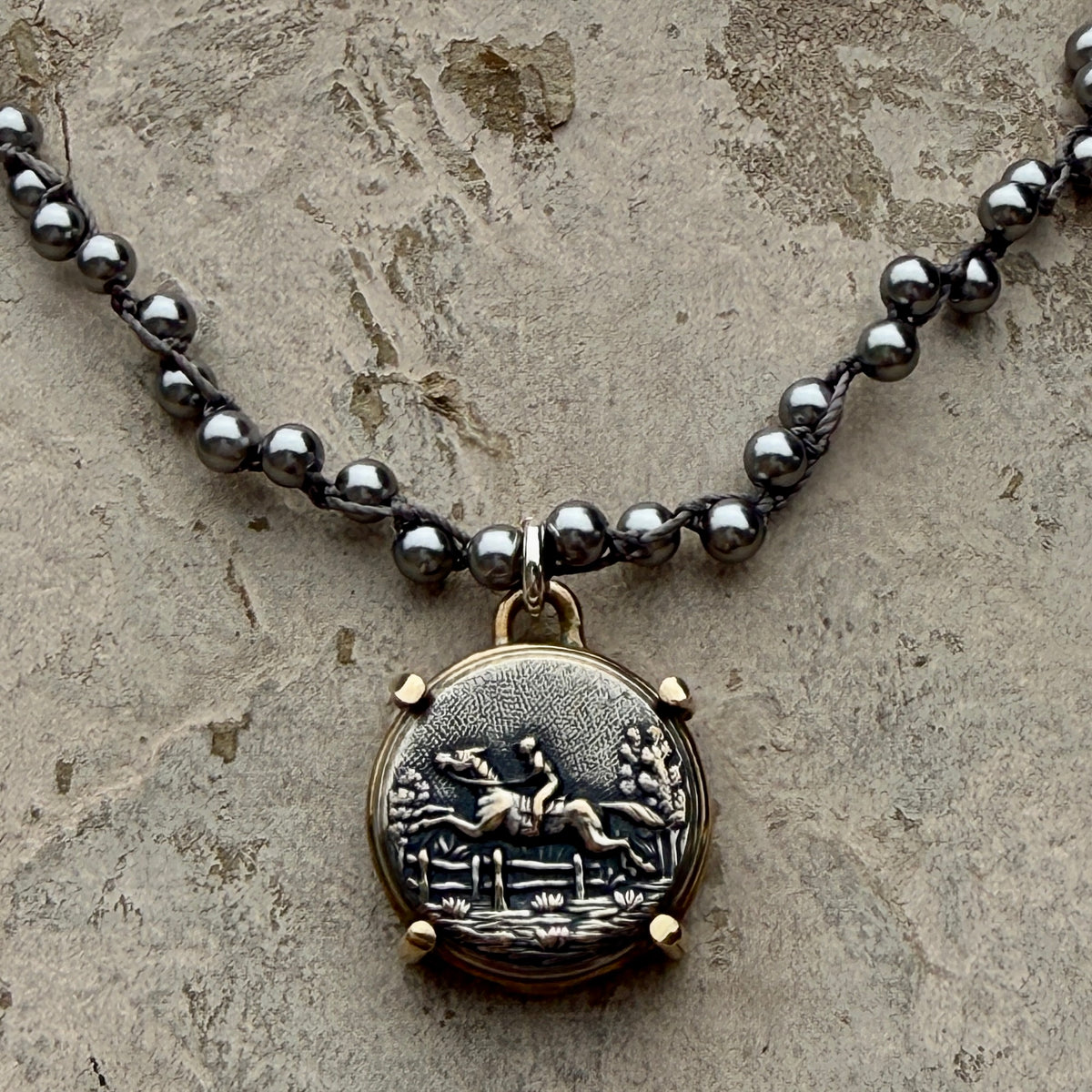 Dark Silver Galloping Horse Button Necklace