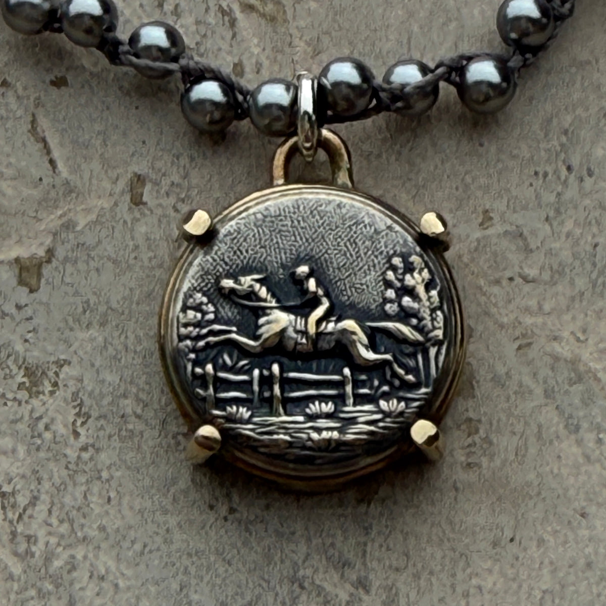 Dark Silver Galloping Horse Button Necklace