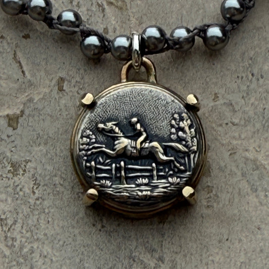 Dark Silver Galloping Horse Button Necklace