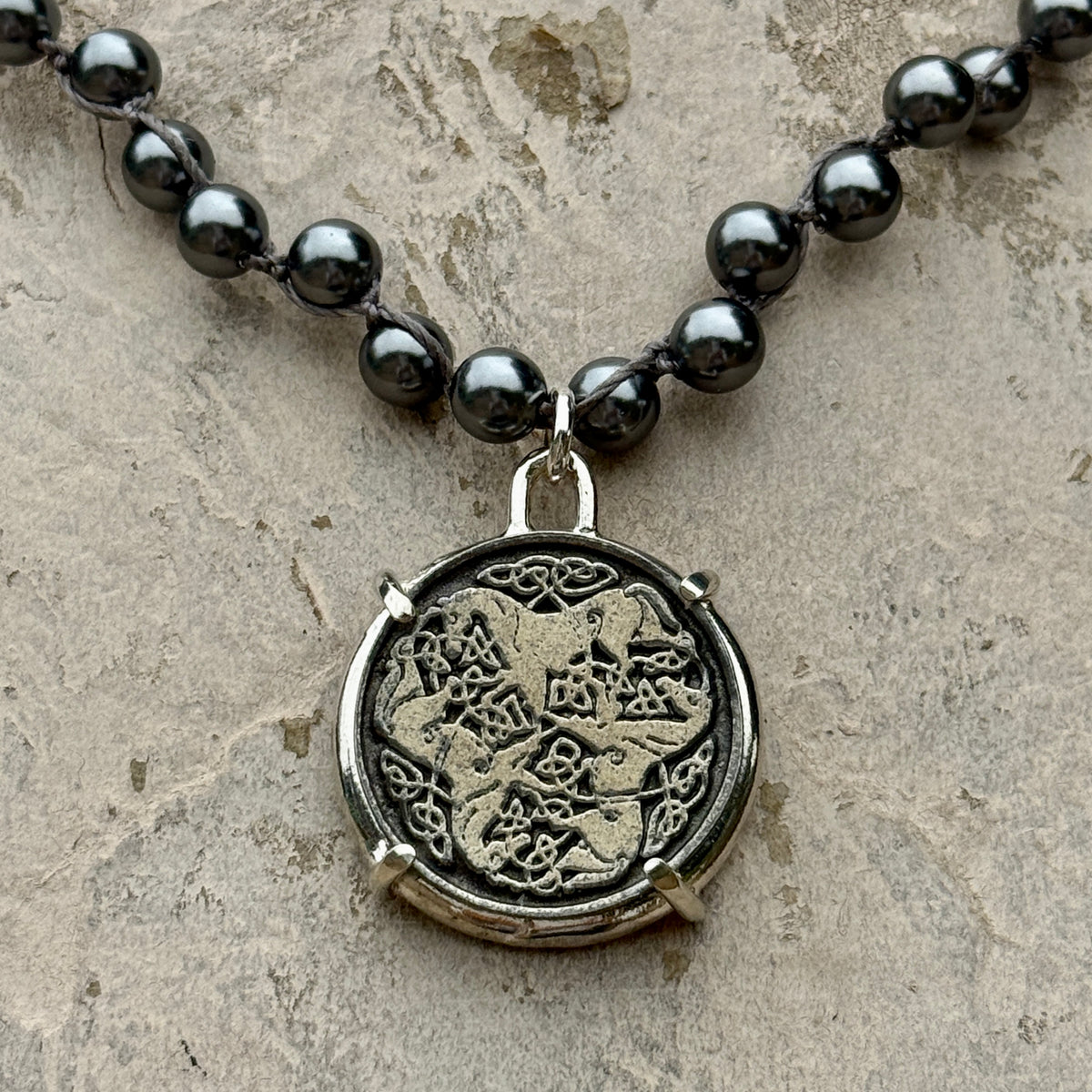 Triple Celtic Horses on Grey Pearl Necklace