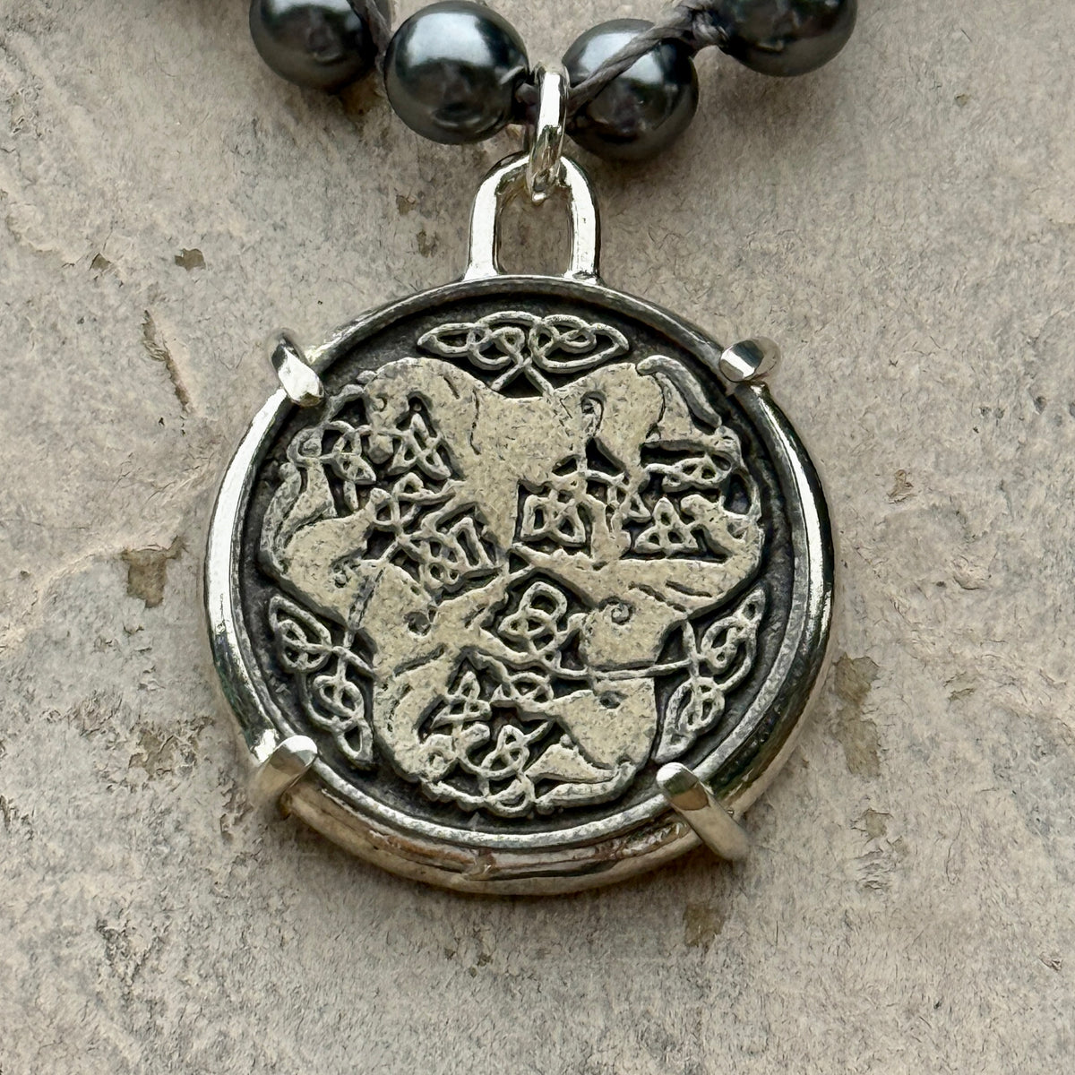 Triple Celtic Horses on Grey Pearl Necklace