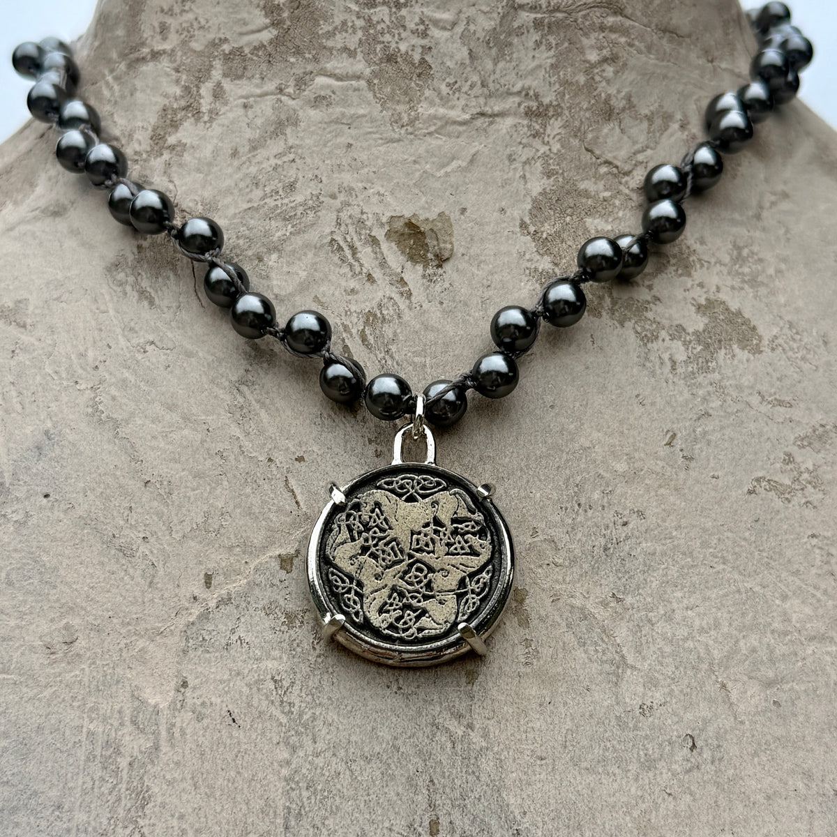 Triple Celtic Horses on Grey Pearl Necklace