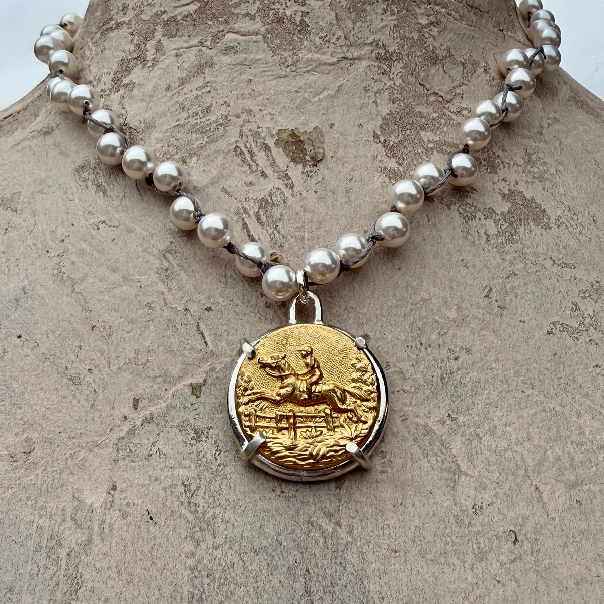 Large Bright Brass Galloping Horse Button Necklace