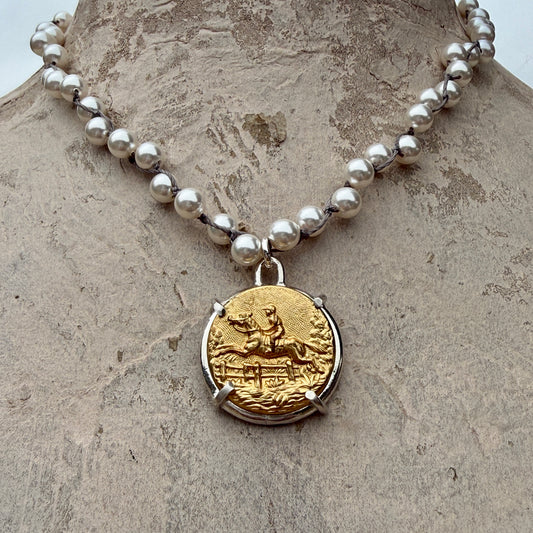 Large Bright Brass Galloping Horse Button Necklace