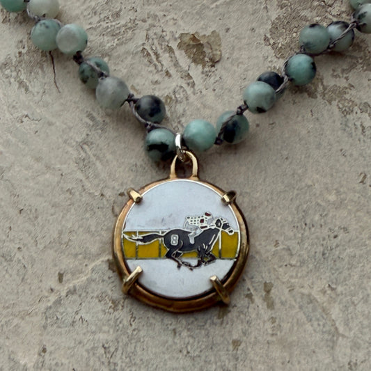 Vintage Enameled Race Horse on Spotted Amazonite