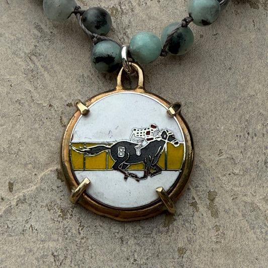 Vintage Enameled Race Horse on Spotted Amazonite