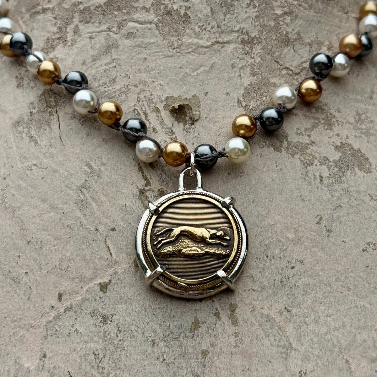 Rare Vintage Brass Hound in Horseshoe Button Necklace