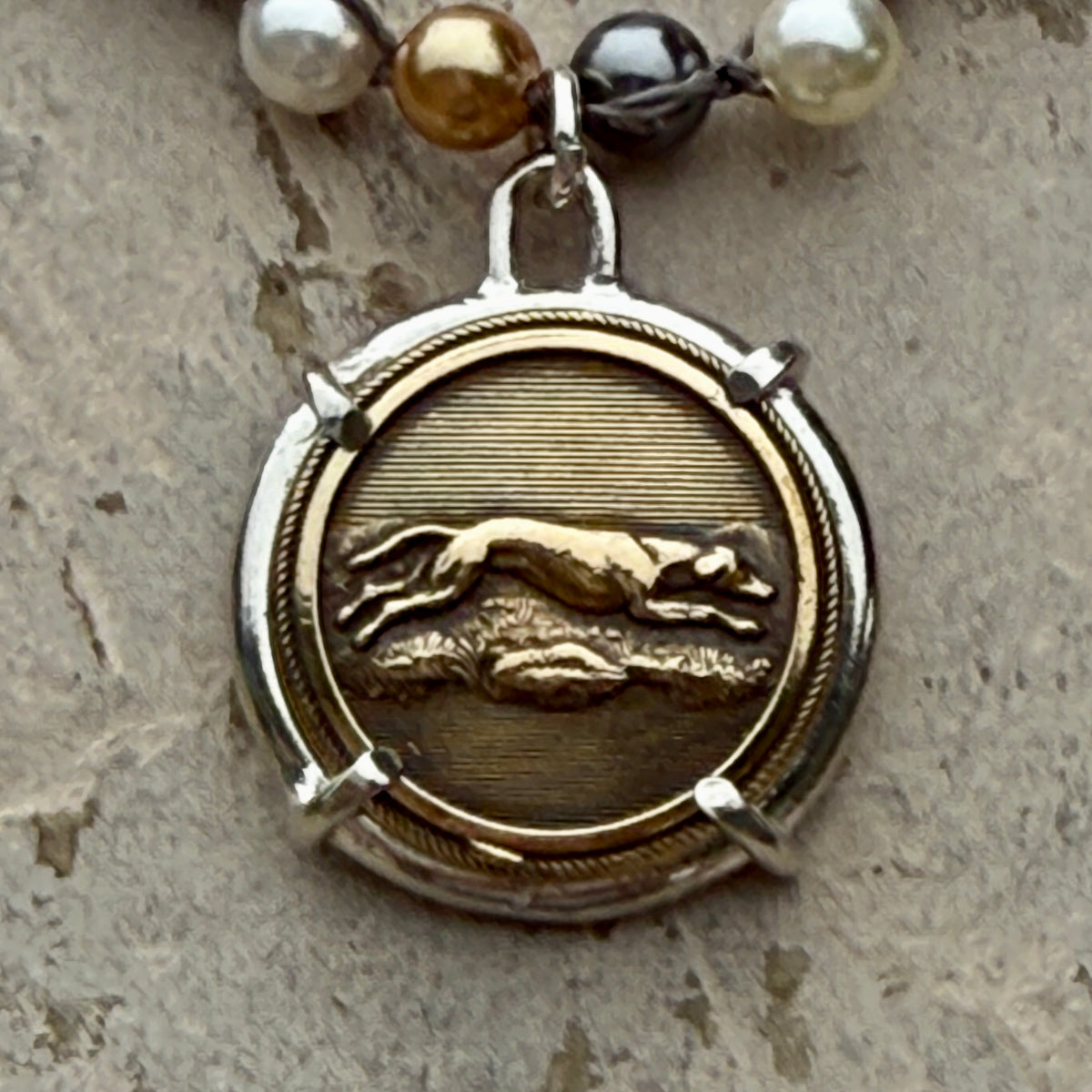 Rare Vintage Brass Hound in Horseshoe Button Necklace