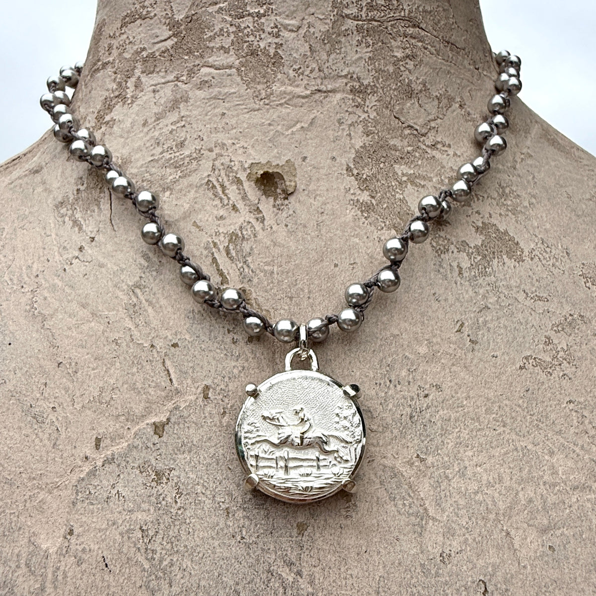 Silver Galloping Horse Button Necklace