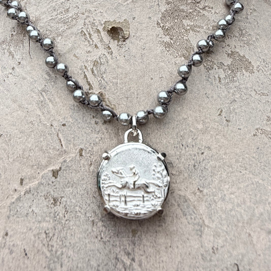 Silver Galloping Horse Button Necklace