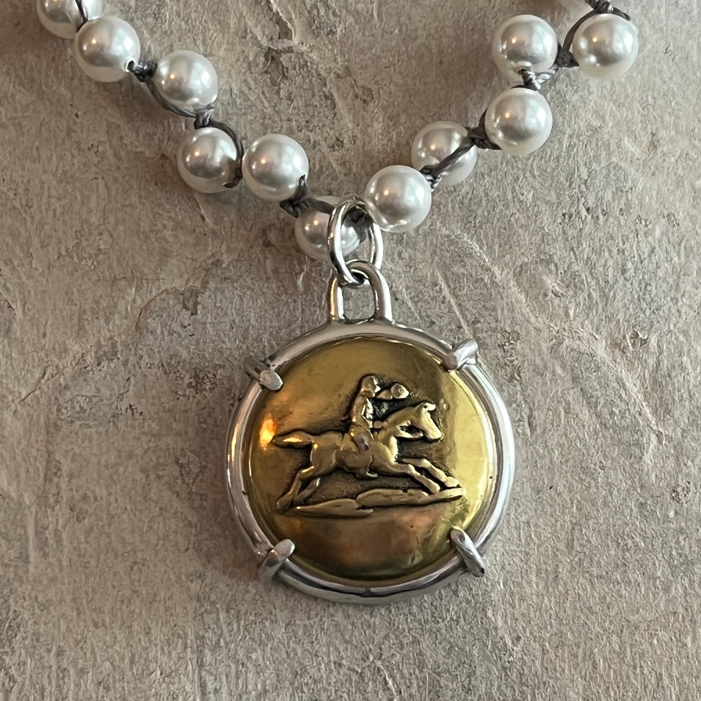 Vintage Brass Horse Button on Pearl Necklace