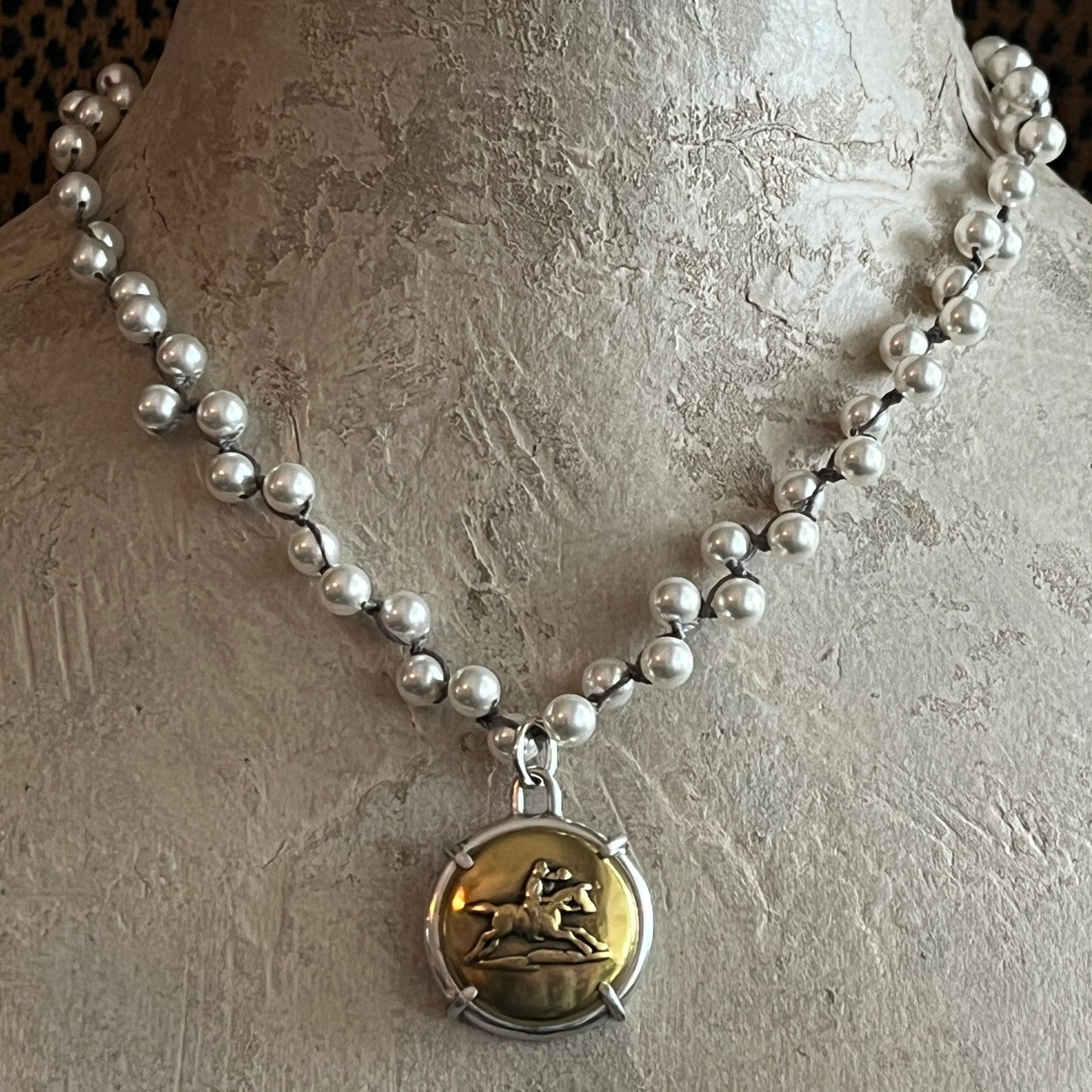 Vintage Brass Horse Button on Pearl Necklace