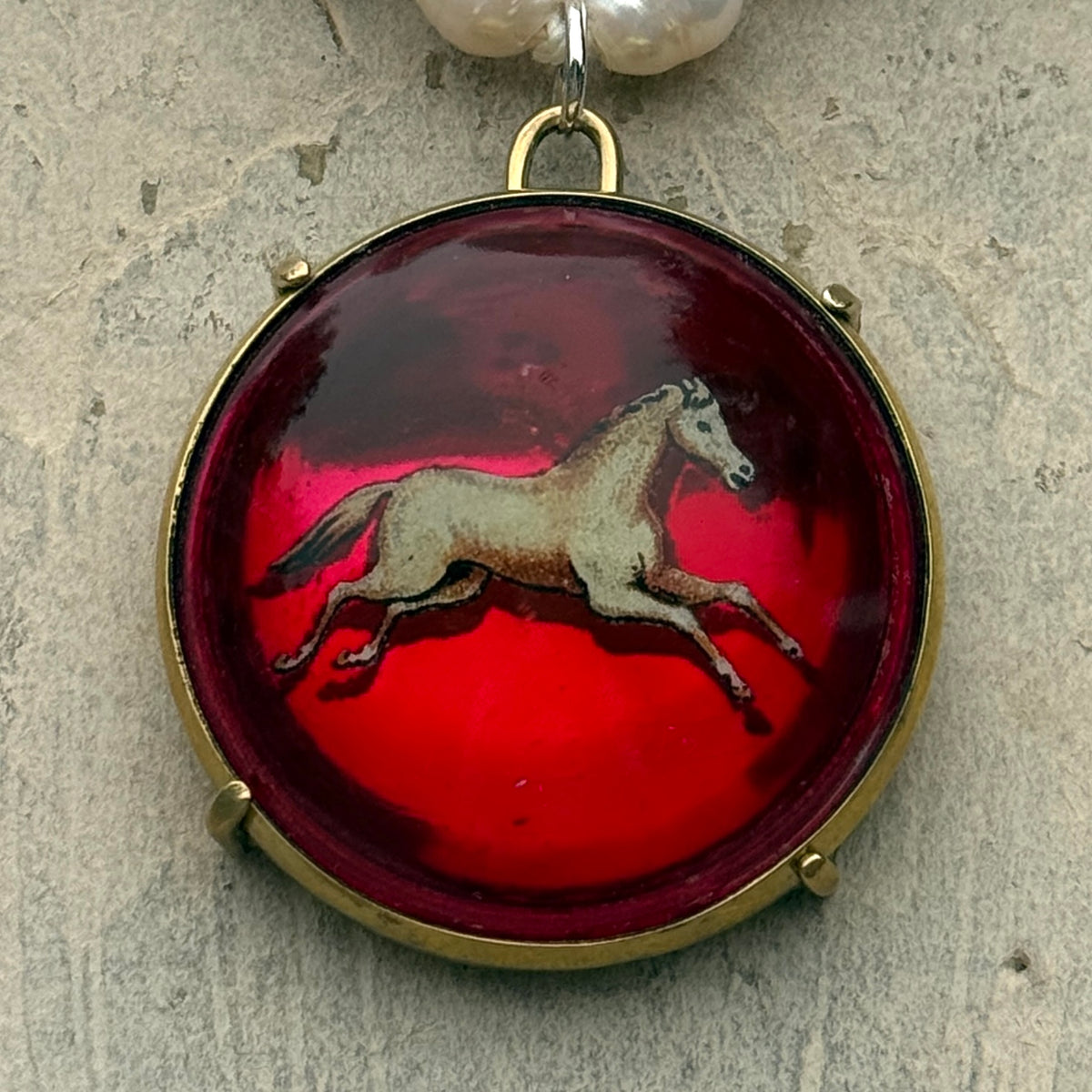 Vintage Horse Bridle Rosette on White Pearl Necklace