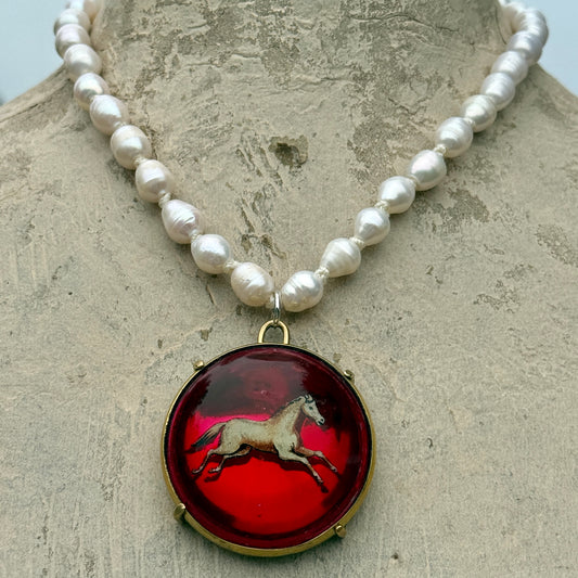 Vintage Horse Bridle Rosette on White Pearl Necklace