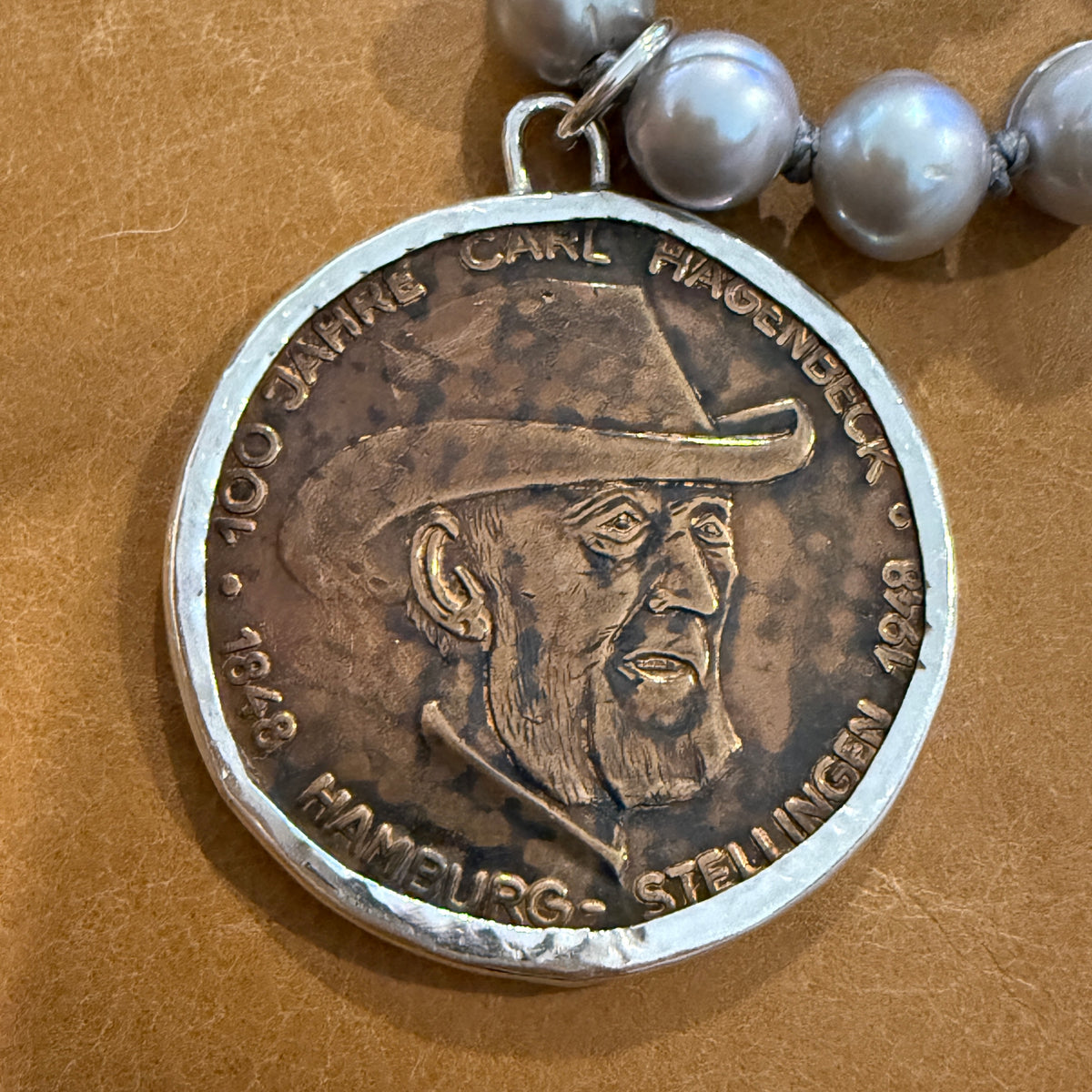 Carl Hagenbeck Commemorative Elephant Medal  On Pearl Necklace