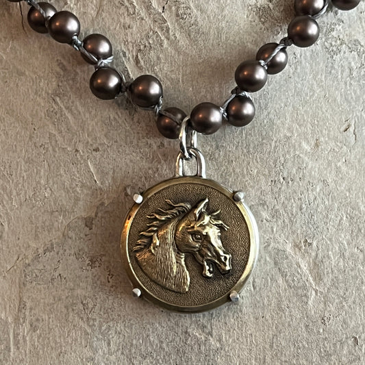 Brass Baroque Horse Head Button on Pearl Necklace