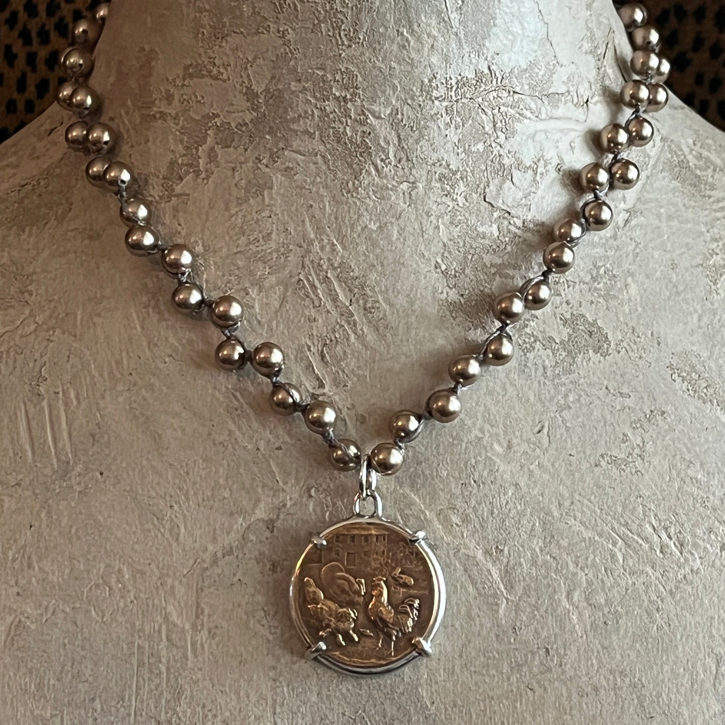 1935 Florence Poultry Breeding Awards Medal on Pearl Necklace