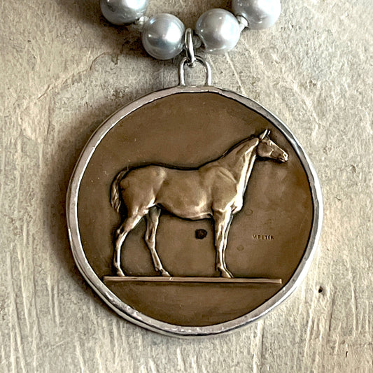 Quest Confirmation Horse Medal on Pearl Necklace
