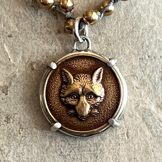 Brass Fox Mask Button Necklace