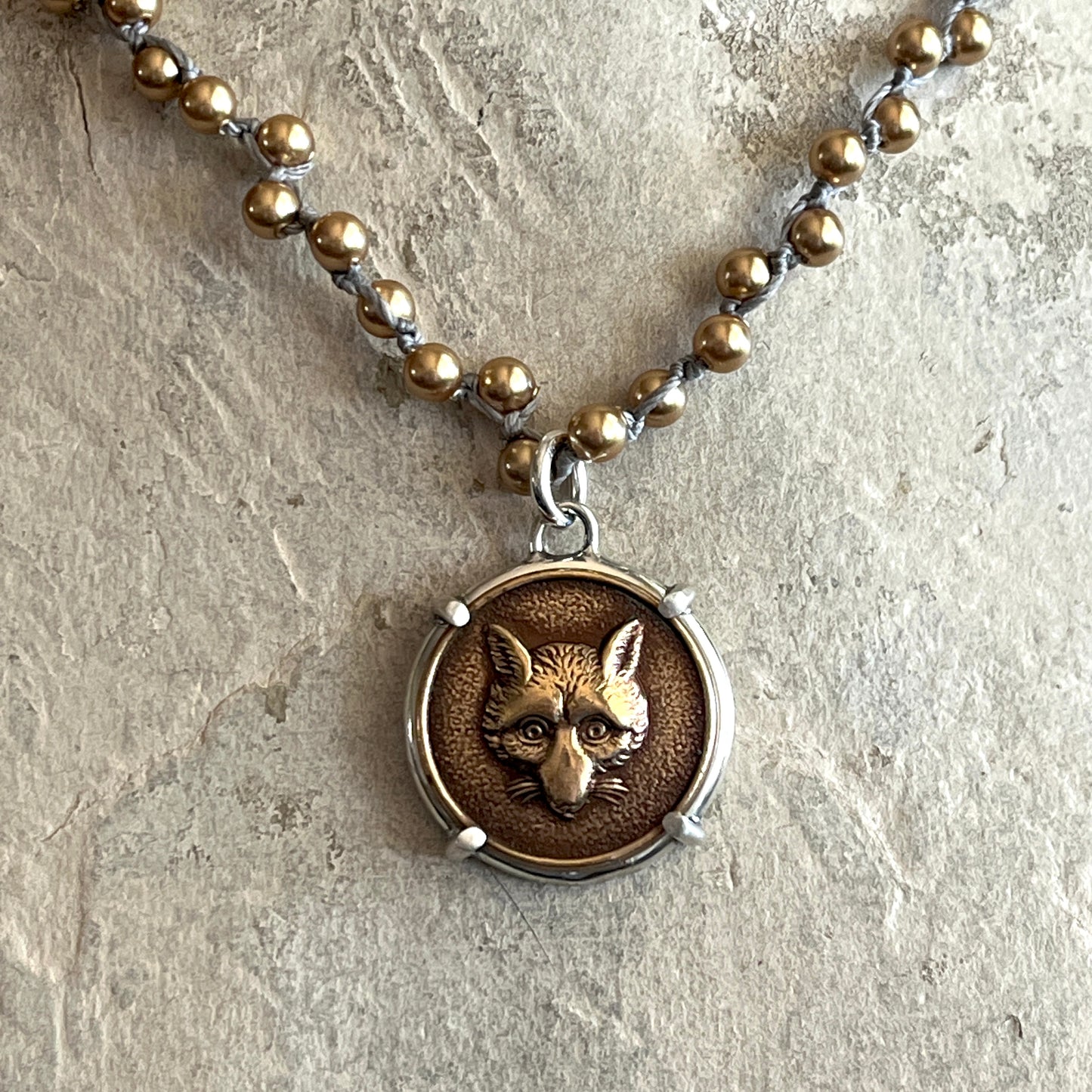 Brass Fox Mask Button Necklace