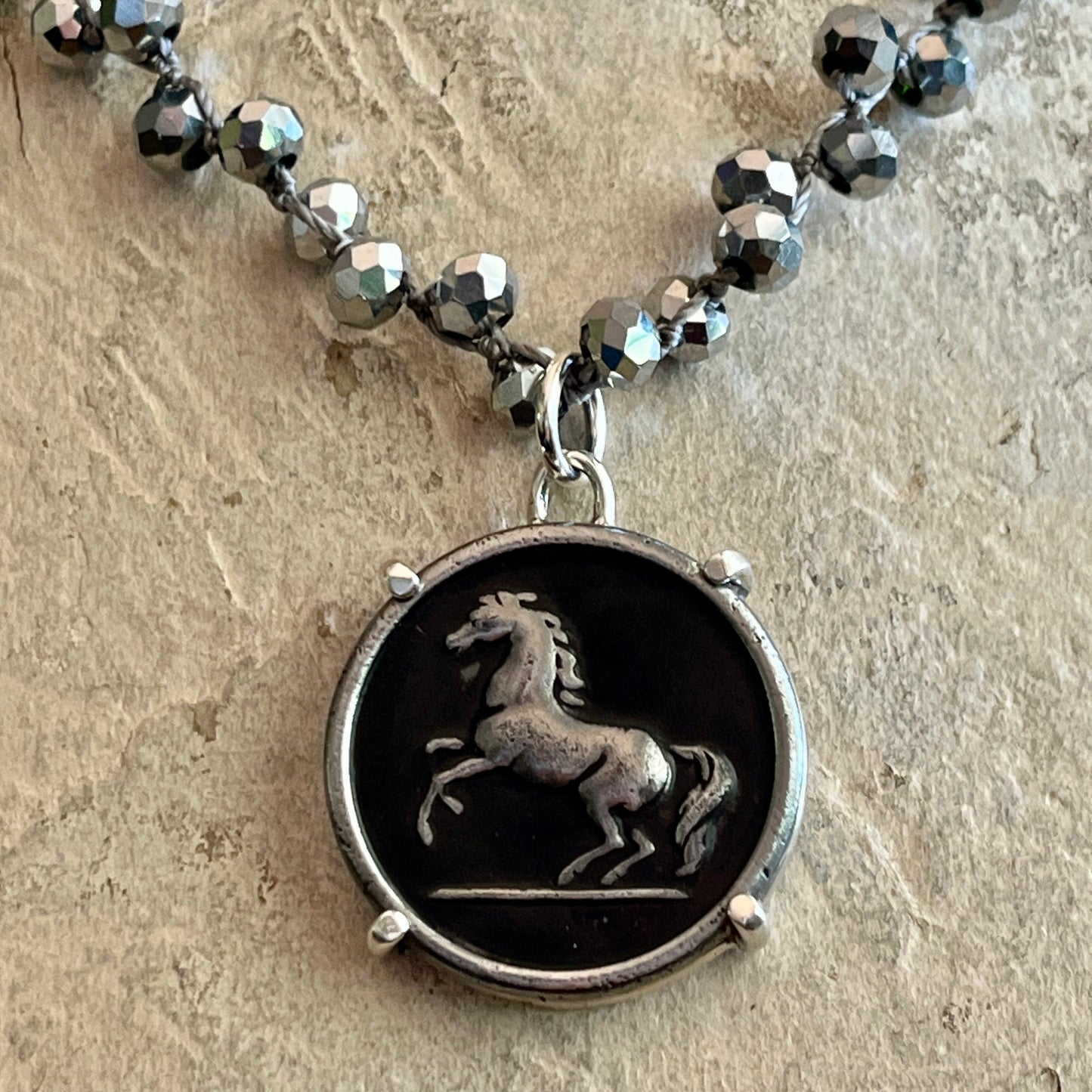 Pewter Rearing Horse Button Necklace