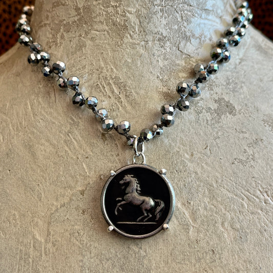 Pewter Rearing Horse Button Necklace