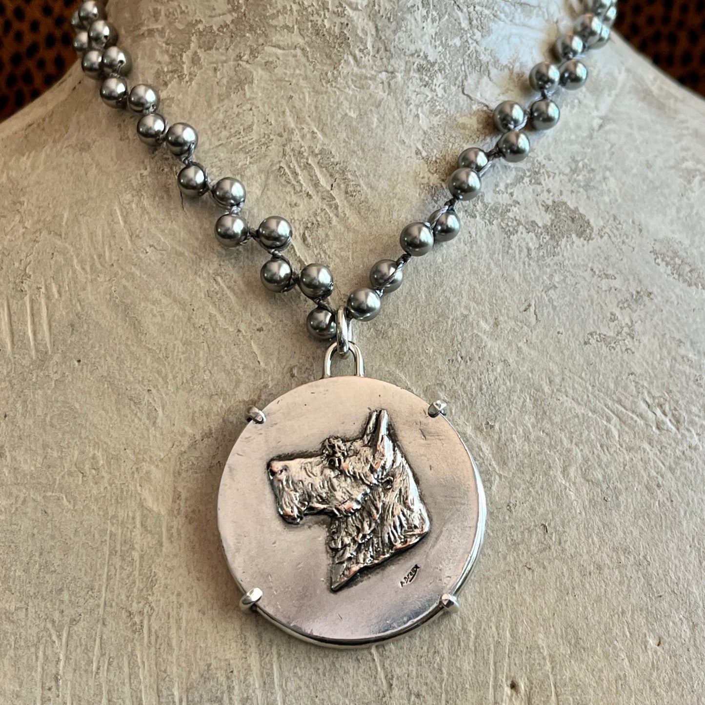 France Societe Des Terriers Dog Medal on Pearl Necklace