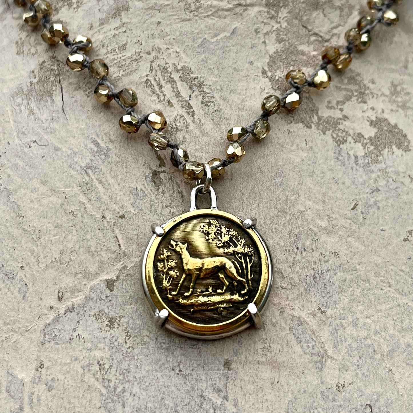 Fox Hunt Button on Crystal Necklace