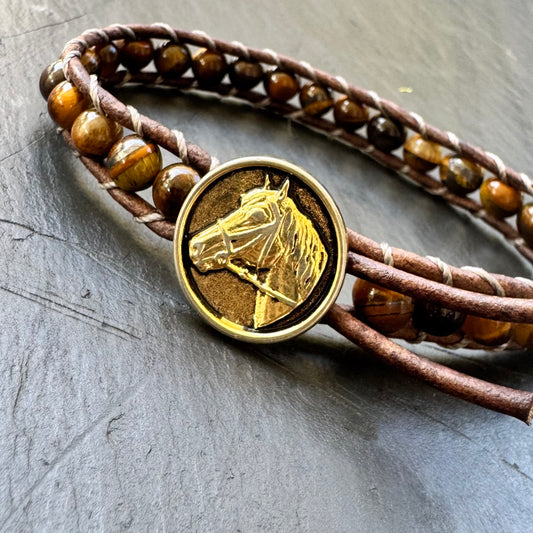 Leather Wrap Bracelet with Brass Horse Head Button
