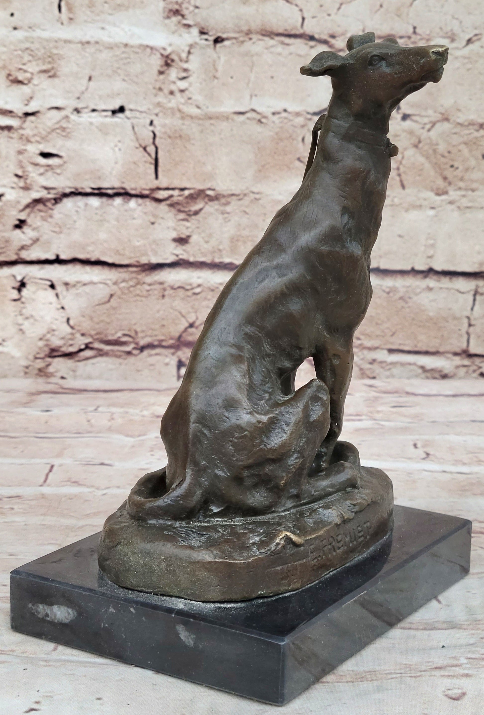 Emmanuel Fremiet Bronze Metal Greyhound Slender Dog Sculpture Statue Figure on Marble Base