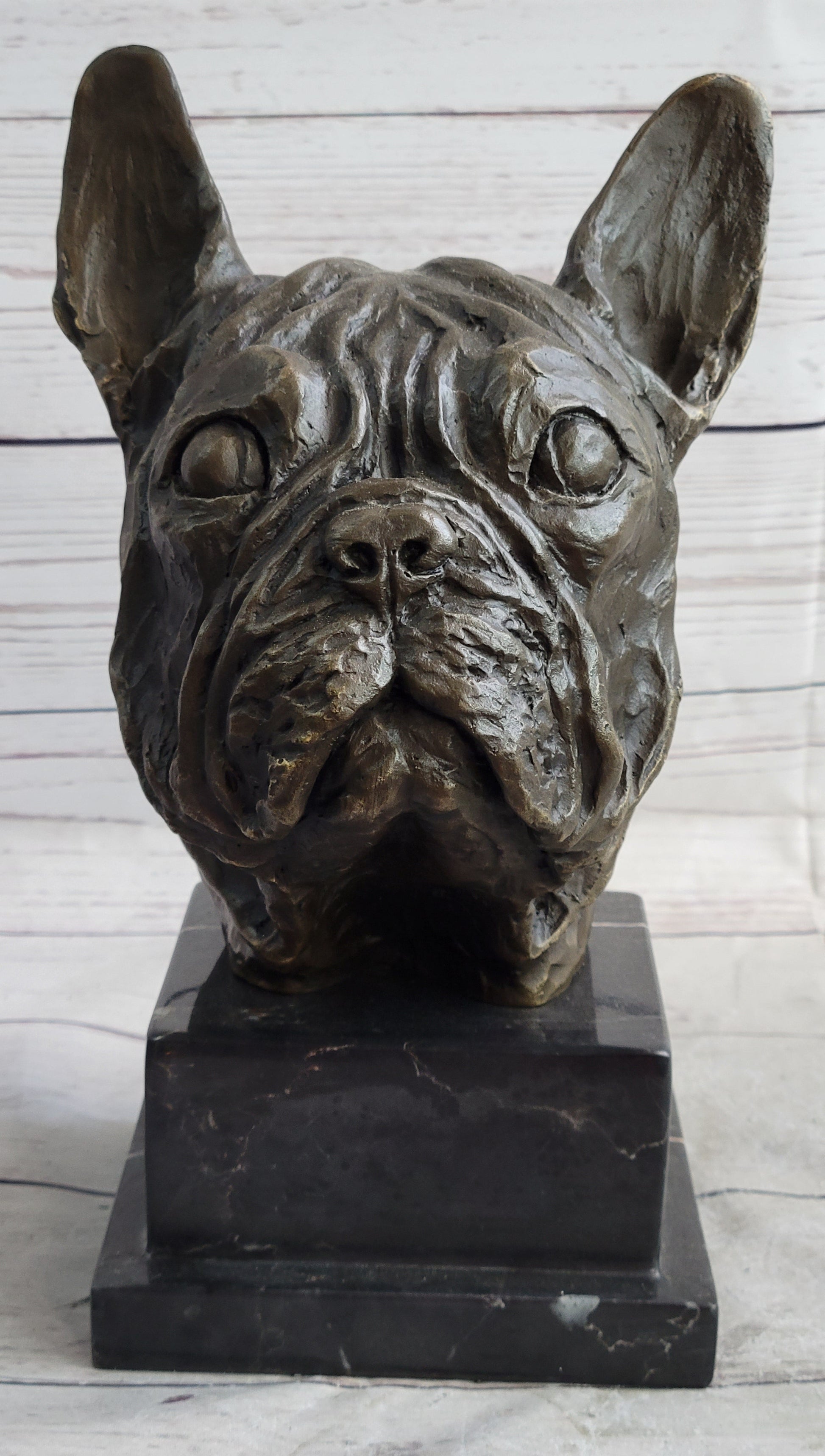 French Bulldog Puppy Dog Bronze Bust Sculpture Statue Decor on Marble Base