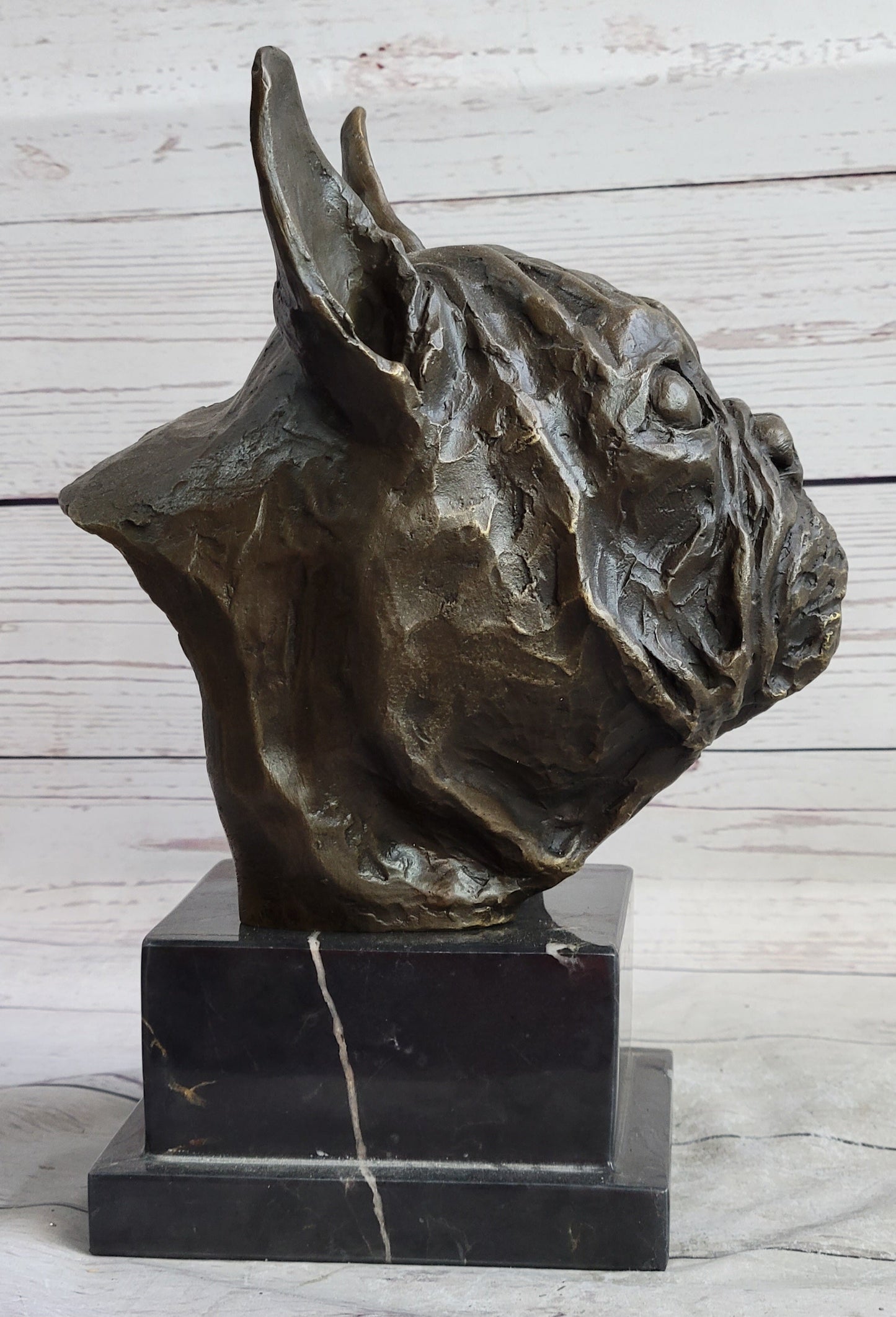 French Bulldog Puppy Dog Bronze Bust Sculpture Statue Decor on Marble Base