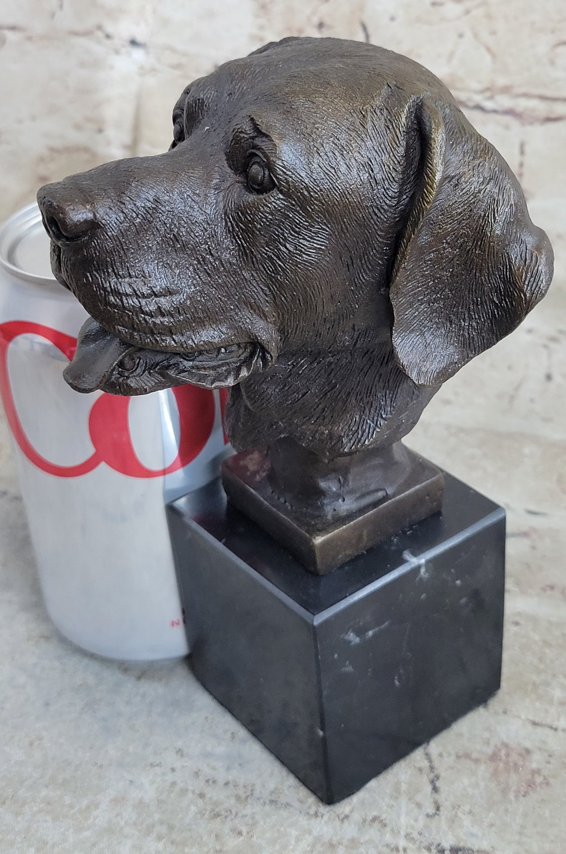 Signed Original Happy Labrador Puppy Dog Bust Marble Base Sculpture Statue Decor