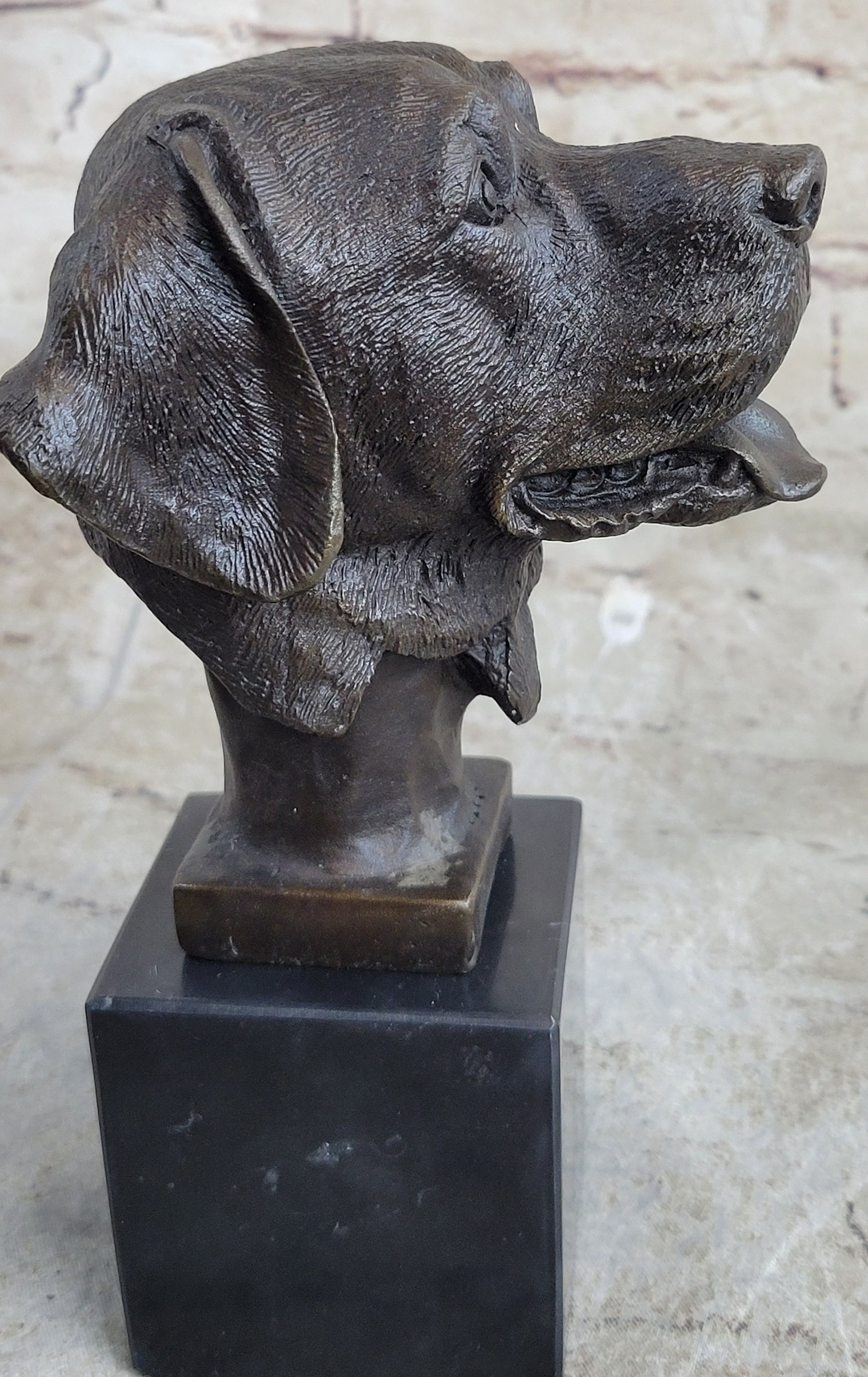 Signed Original Happy Labrador Puppy Dog Bust Marble Base Sculpture Statue Decor