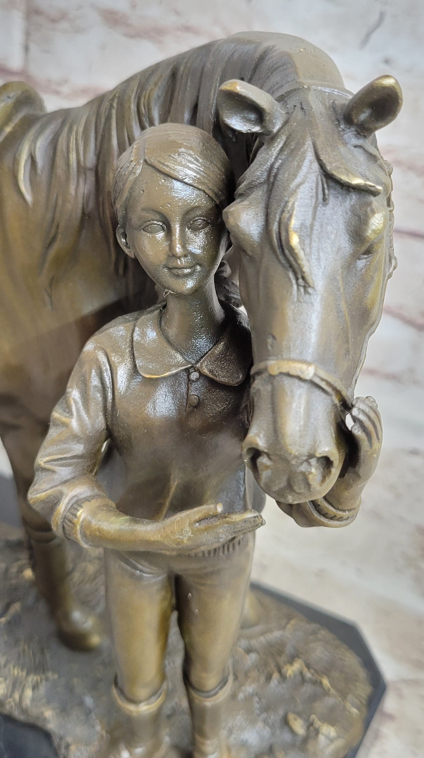 Equestrian Little Girl Child w/ Horse Bronze Statue Sculpture Figurine 11" x 12"