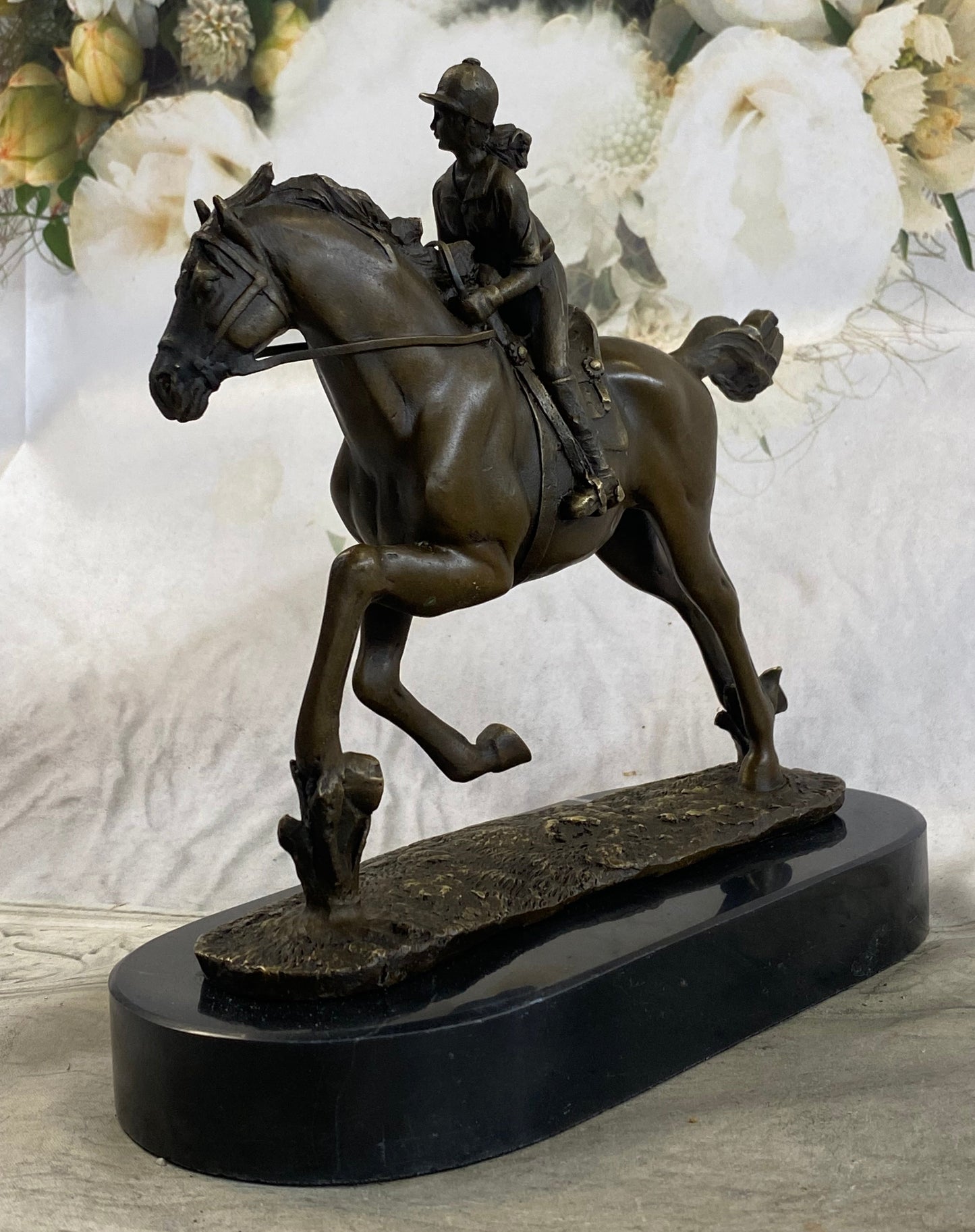 Female Equestrian Jockey Horseback Riding Bronze Statue Sculpture Figure 9" x 9"