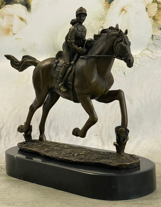 Female Equestrian Jockey Horseback Riding Bronze Statue Sculpture Figure 9" x 9"