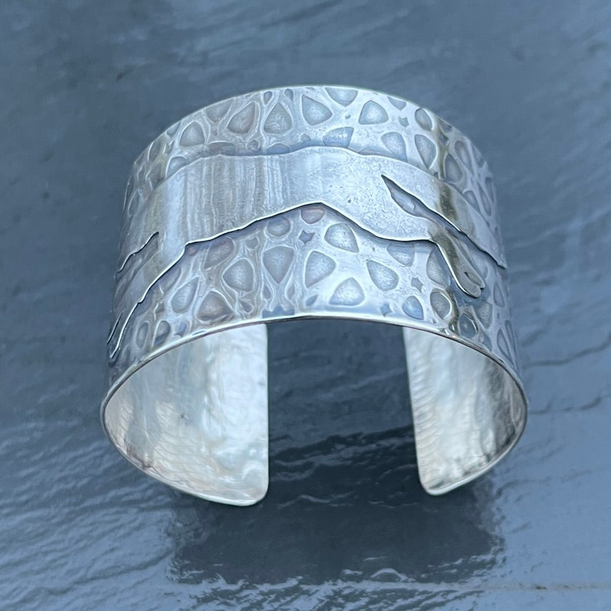 Wide Sterling Silver Running Fox Cuff Bracelet