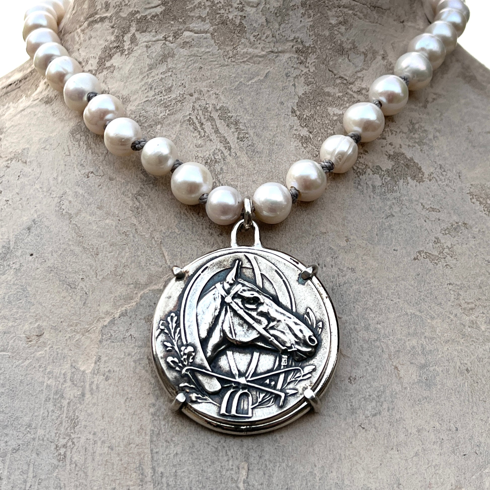 Dutch Horse Head Medal on Pearl Necklace