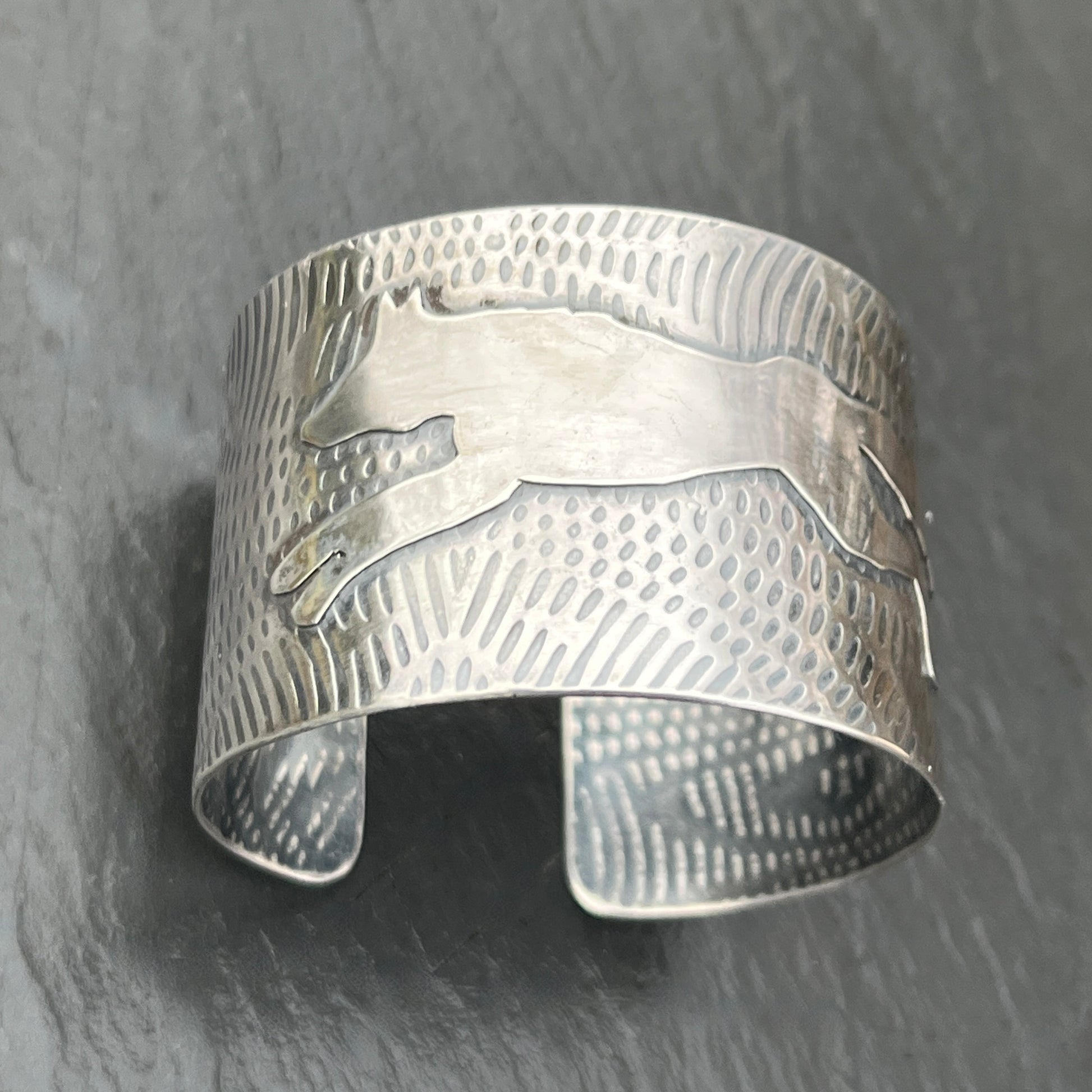 Wide Sterling Silver Running Fox Cuff Bracelet